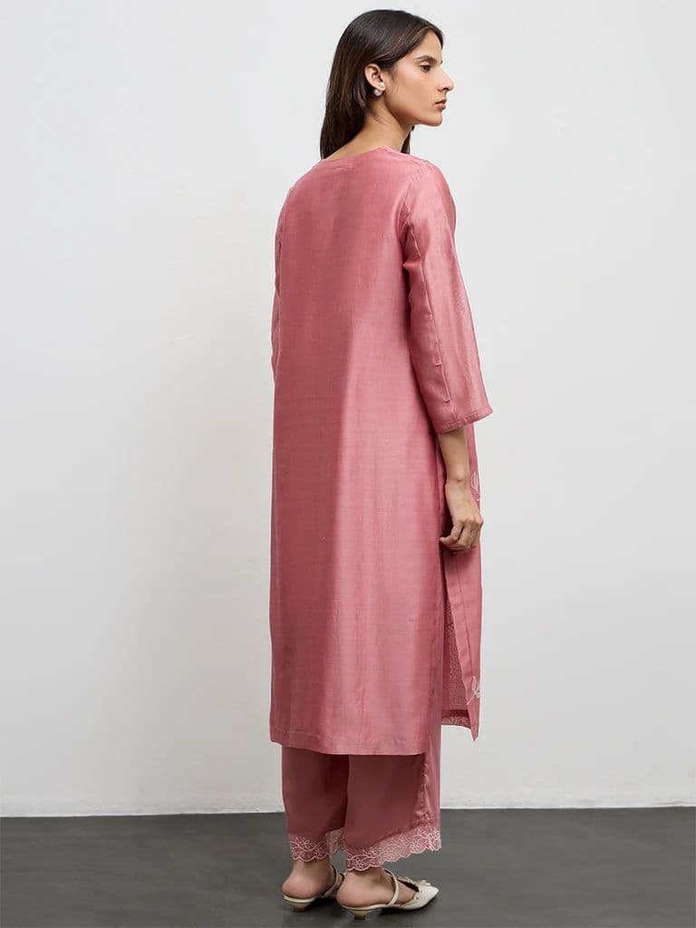 Zuba Dusty Pink Floral Embroidered Cotton-Blend A-Line Kurta — photo 4