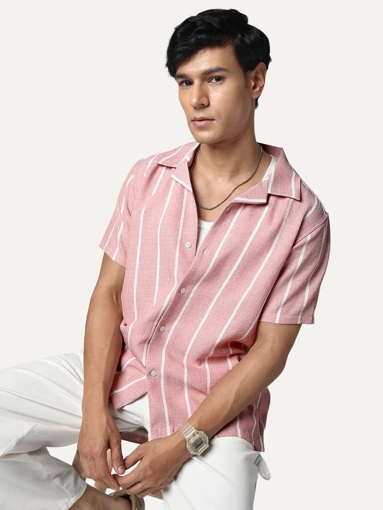 Men's Pink Cotton Half Sleeve Relaxed Fit Linen Striped Shirt with Cuban Collar — photo 2