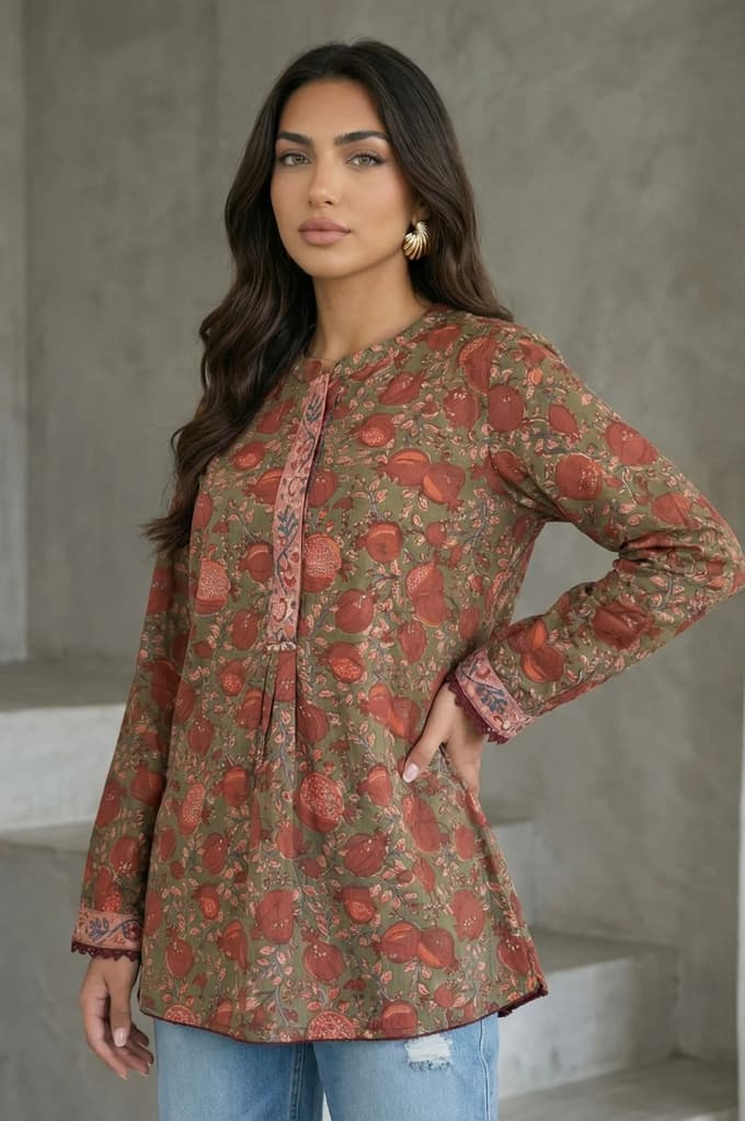 Olive Floral Printed Pure Cotton Straight Top — photo 3