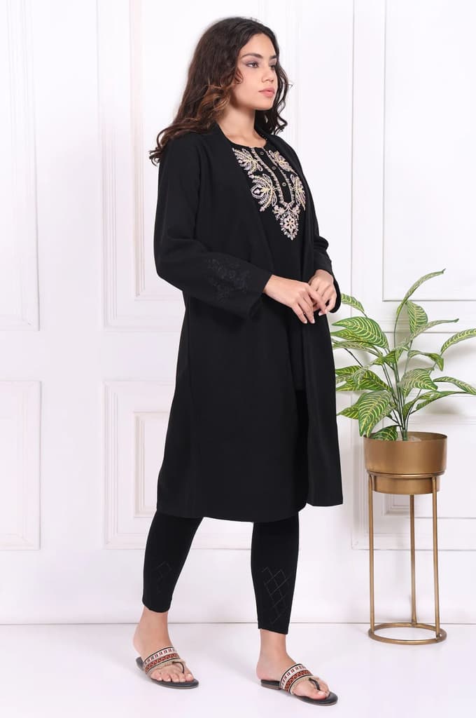 Black Embroidered Straight Woven Coat — photo 5