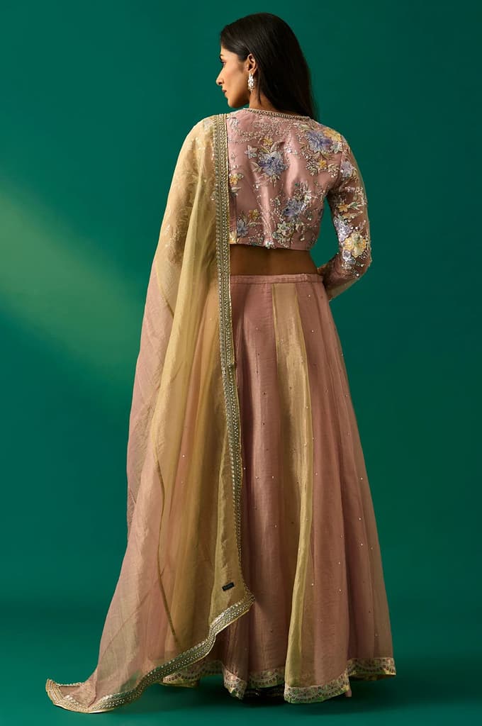Pink Embroidered Tissue Blouse with Skirt and Dupatta Set — photo 4