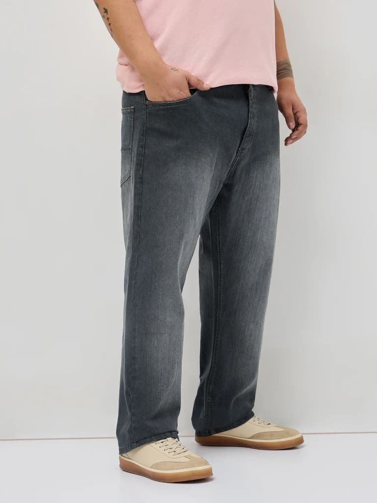 Plus Men's Dark Grey Straight Fit Washed Denim Jeans Stretchable — photo 2