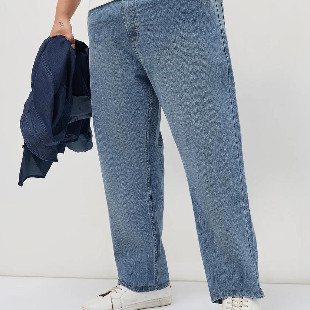 Plus Men's Light Blue Straight Fit Washed Denim Jeans Stretchable