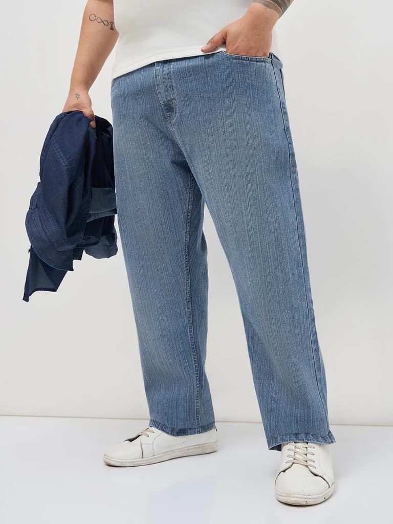 Plus Men's Light Blue Straight Fit Washed Denim Jeans Stretchable — 36 / Light Blue
