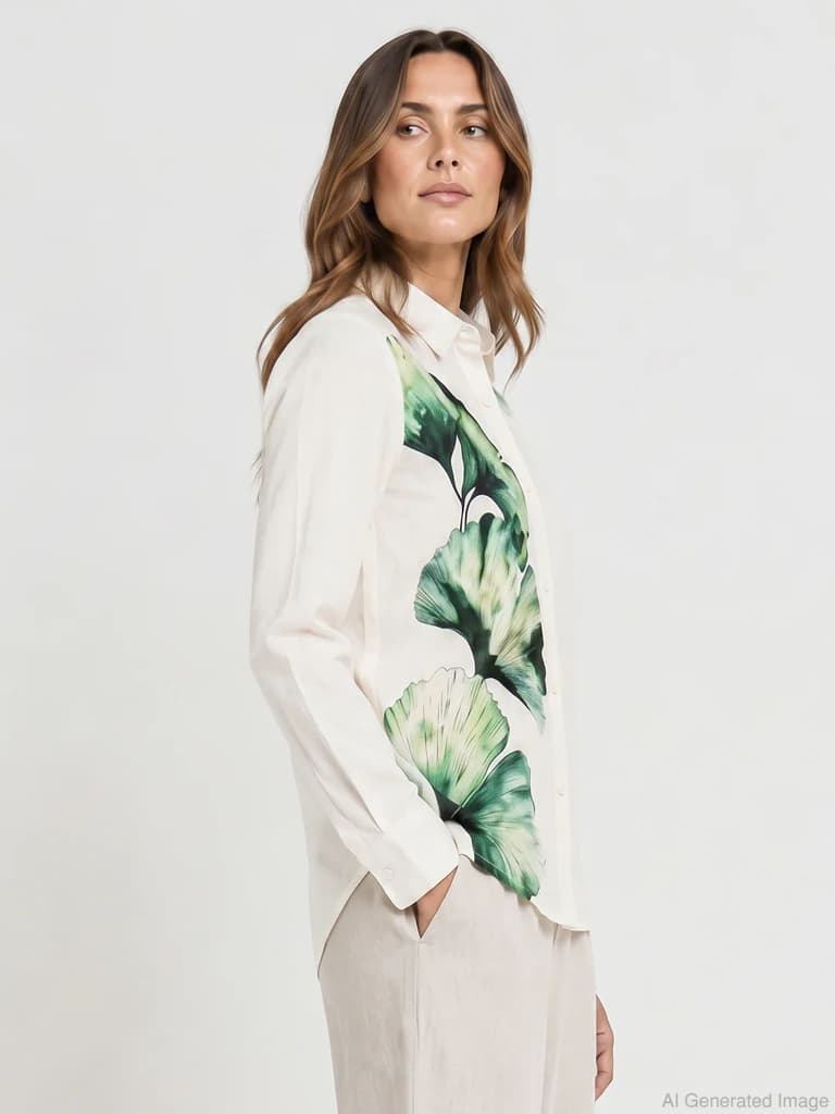 Shirts for Women in White | Cotton Linen Floral Full Sleeve Shirt — photo 2