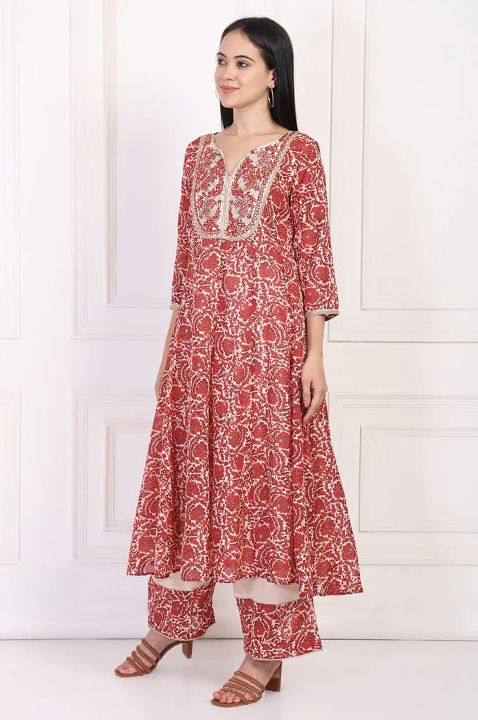 Red Embroidered Anarkali Kurta with Flared Pant and Dupatta Set — photo 4