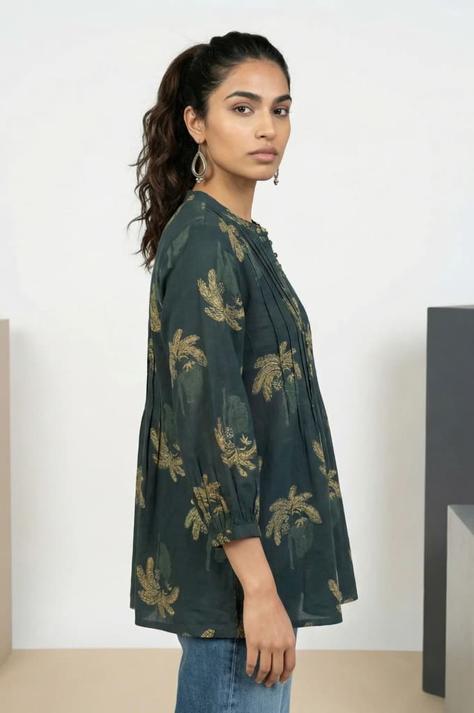 Green Block Botanical Printed Pure Cotton Flared Top — photo 3