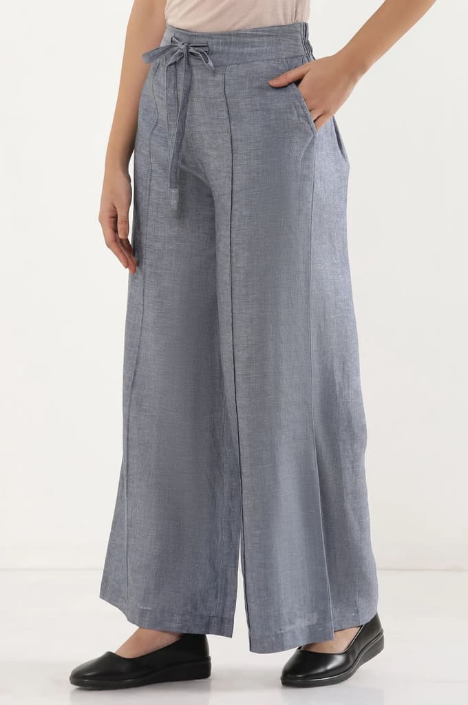 Blue Solid Flared Denim Pants With Tie Detail — photo 3