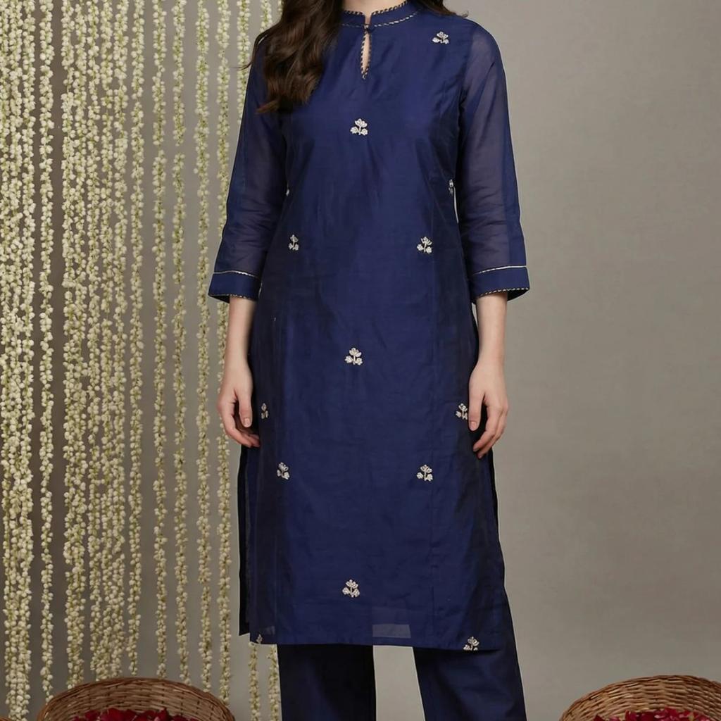 Navy Blue Zari Chanderi Straight Kurta with Straight Pant and Dupatta Set
