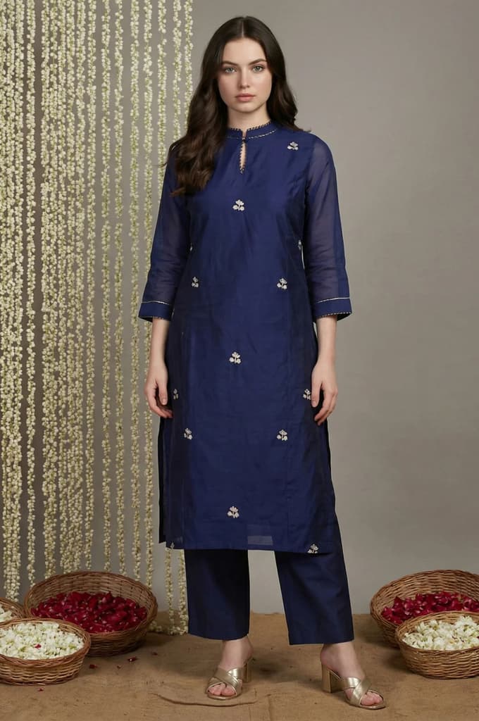 Navy Blue Zari Chanderi Straight Kurta with Straight Pant and Dupatta Set — XS