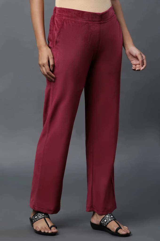 Maroon Solid Straight Fit Velvet Pants With Elasticated Waist — photo 4