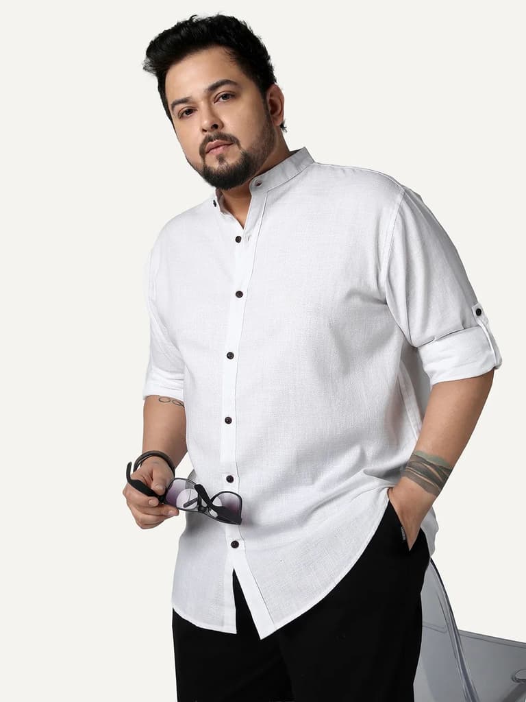 Plus Men's White Linen Blend Full Sleeve Relaxed Fit Mandarin Collar Casual Solid Shirt — 2XL / White