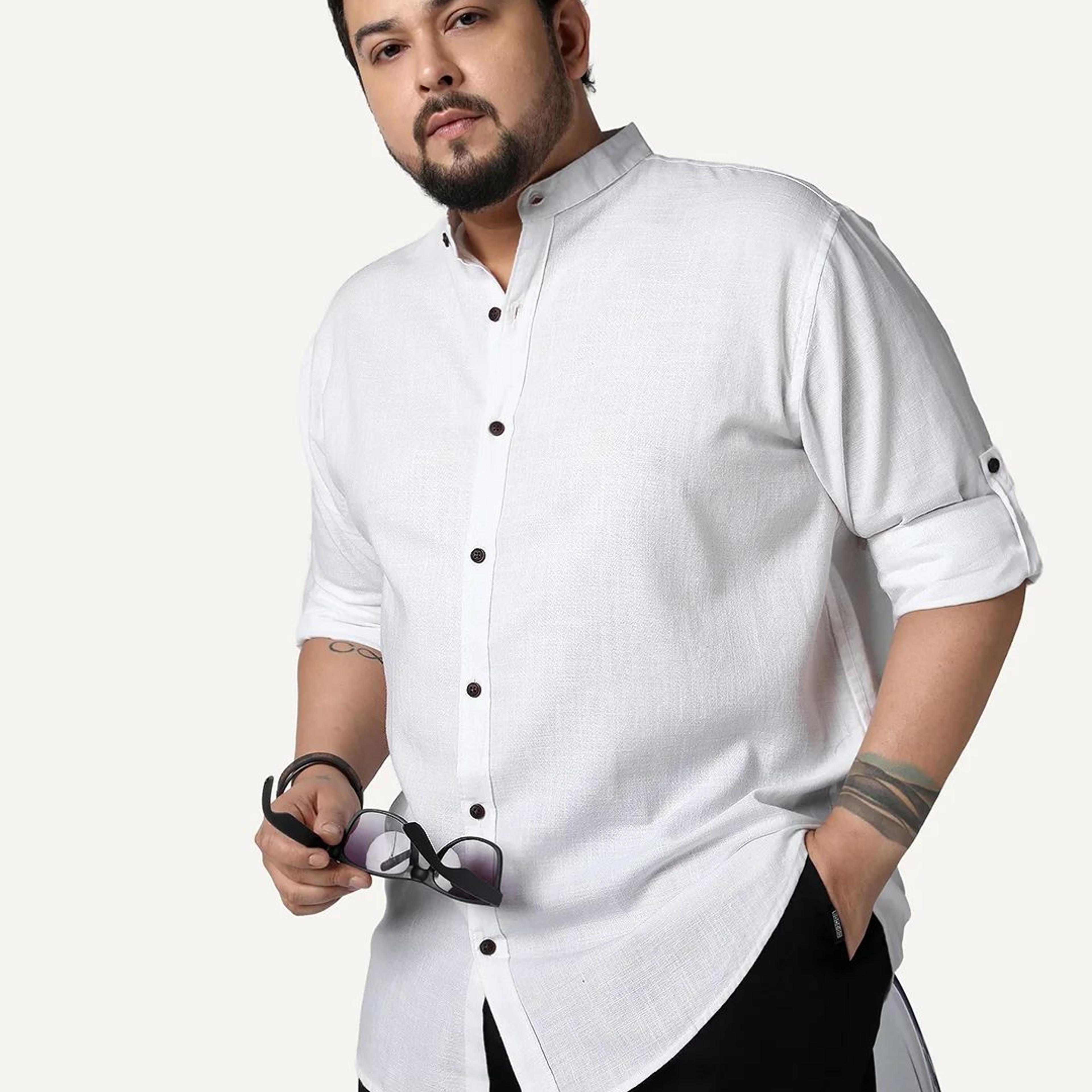 Plus Men's White Linen Blend Full Sleeve Relaxed Fit Mandarin Collar Casual Solid Shirt