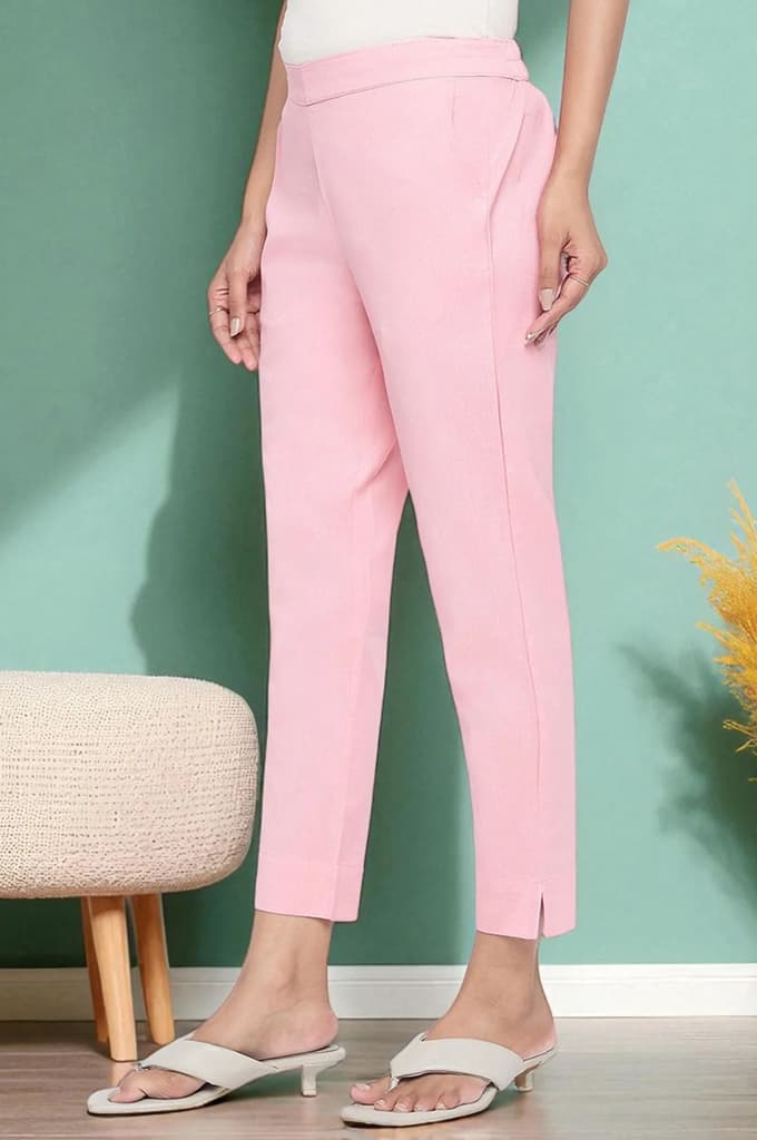 Pink Solid Cotton Flax Trousers in Ankle Length — photo 5