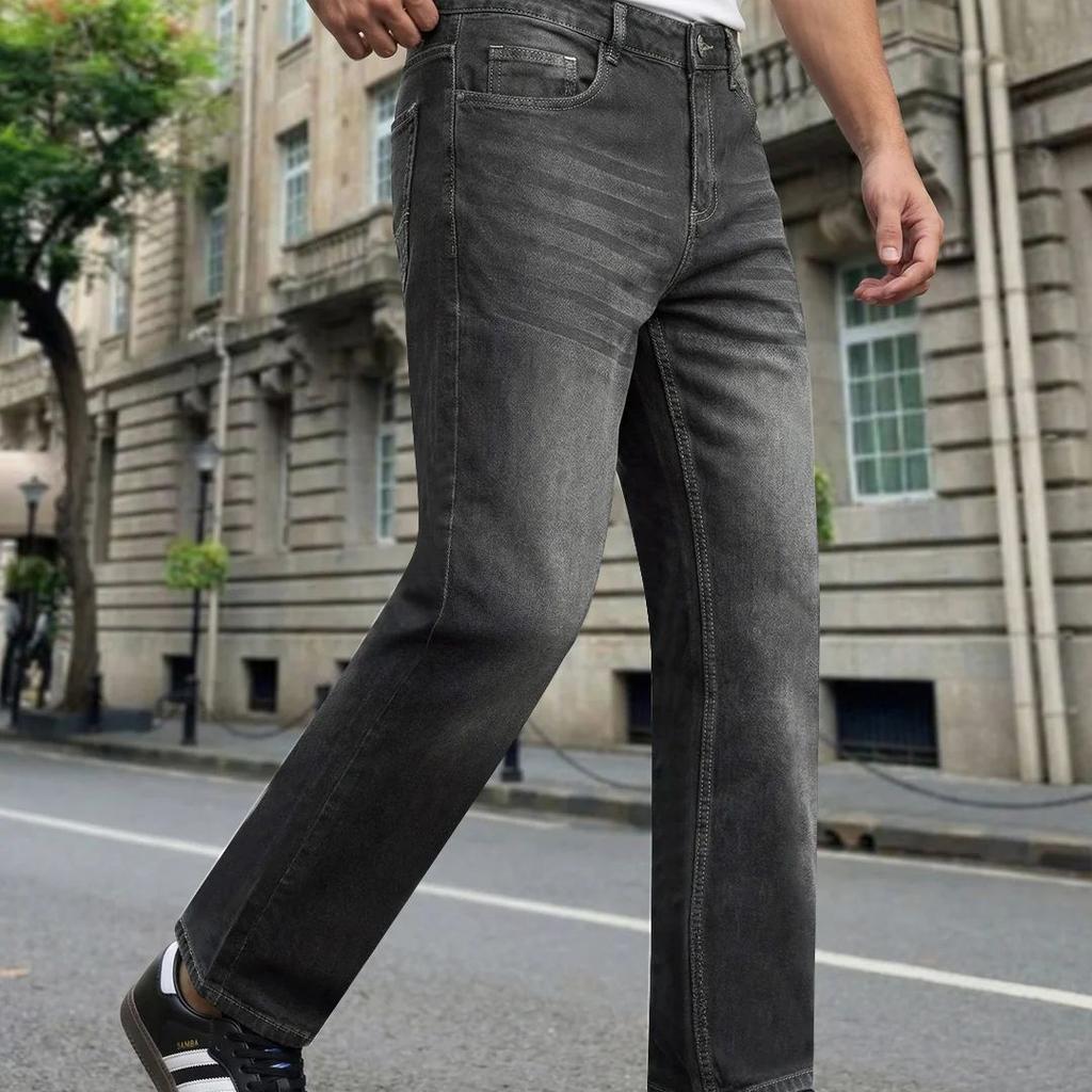 Men's Grey Relaxed Fit Washed Denim Jeans Non-Stretchable