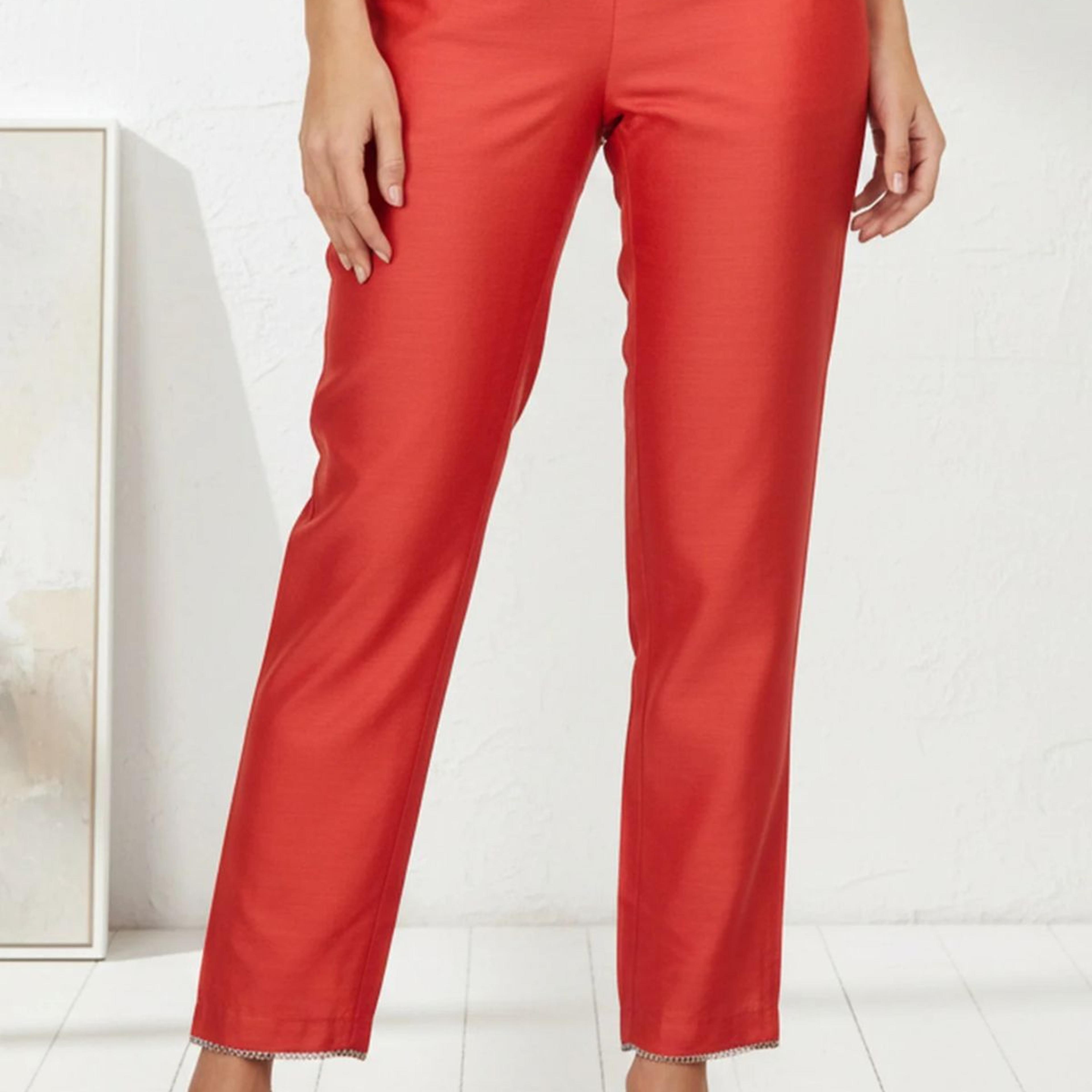 Red Solid Straight Fit Ankle Length Straight Pants