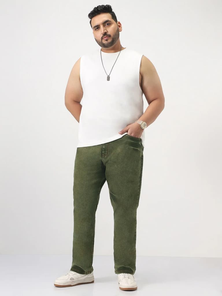 Plus Men's Light Green Straight Fit Heavy Washed Jeans Stretchable — photo 4