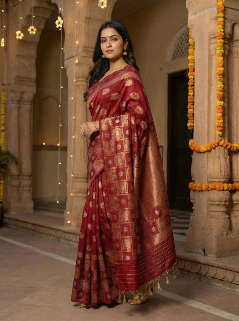 MIMOSA Women's Woven Design Banarasi Style Chiffon Saree with Blouse Piece - Maroon ( SA00003124MRFREE ) — photo 3