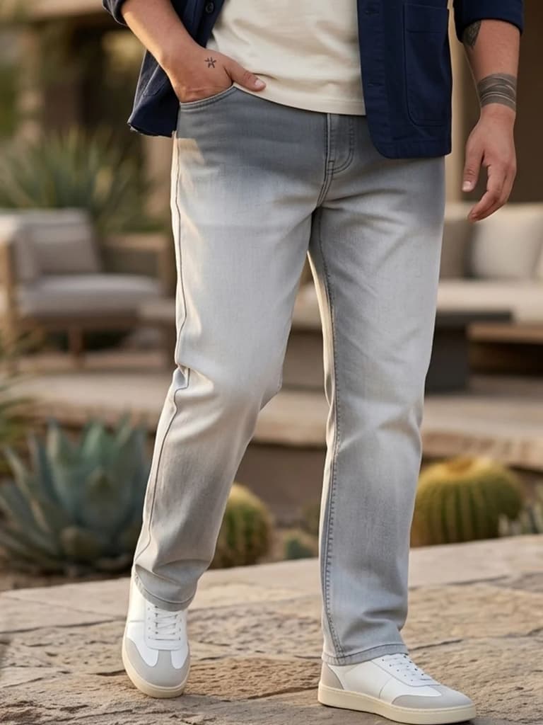 Plus Men's Light Grey Straight Fit Heavy Washed Faded Denim Jeans Stretchable — 36 / Light Grey