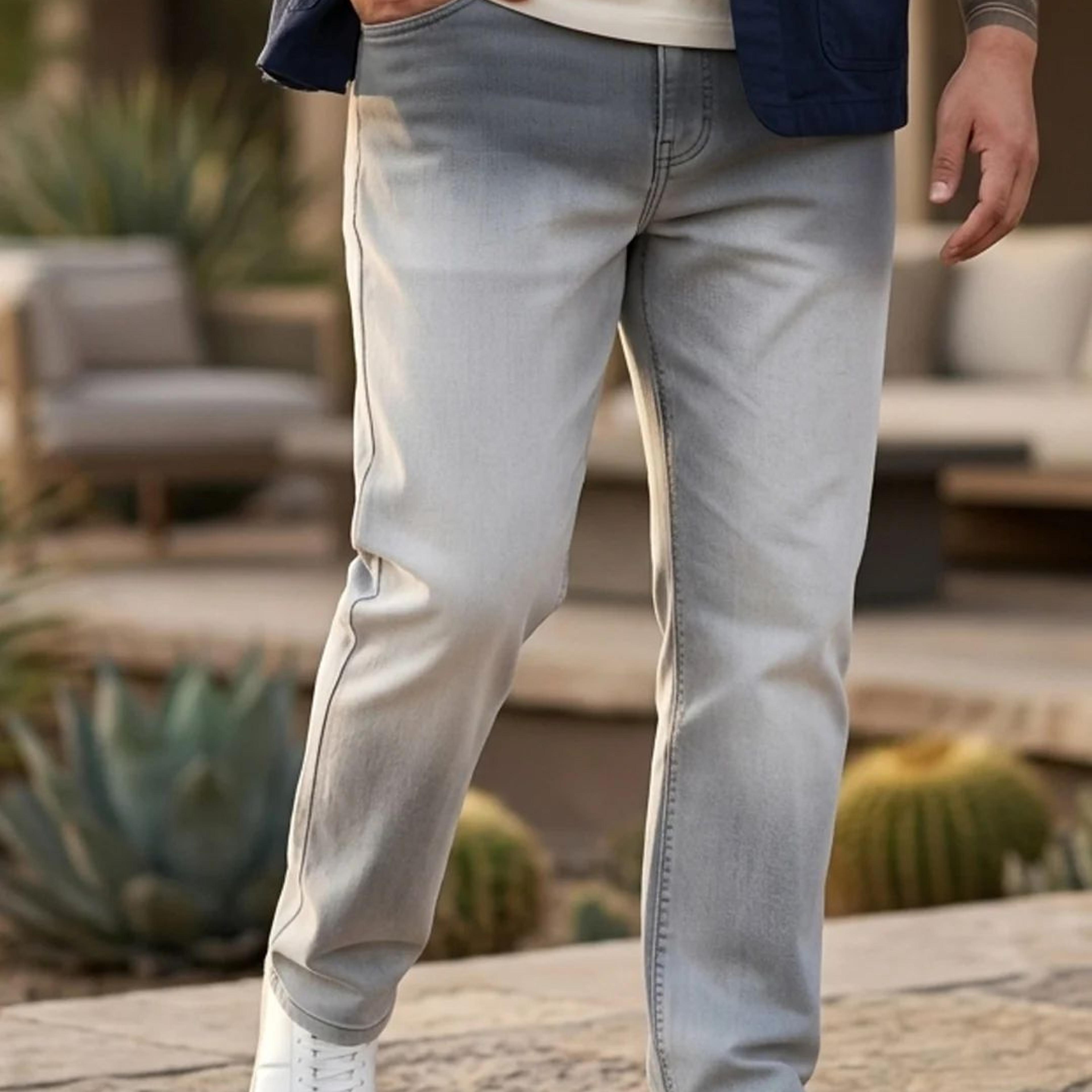 Plus Men's Light Grey Straight Fit Heavy Washed Faded Denim Jeans Stretchable