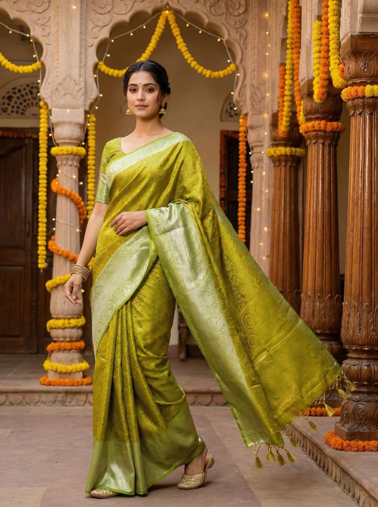 MIMOSA Women's Woven Design Banarasi Style Art Silk Saree with Blouse Piece - Olive ( SA00003133OLFREE ) — photo 2