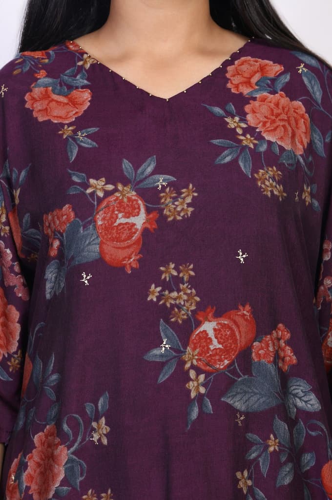 Purple Floral Printed A-line Rayon Kurta with Pant Set — photo 3