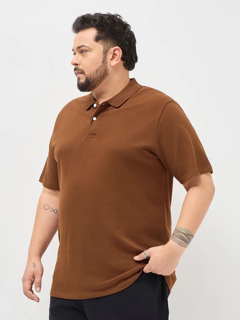 Plus Men's Chocolare Brown Solid Regular Fit Half Sleeve Cotton Polo T-Shirt — photo 2