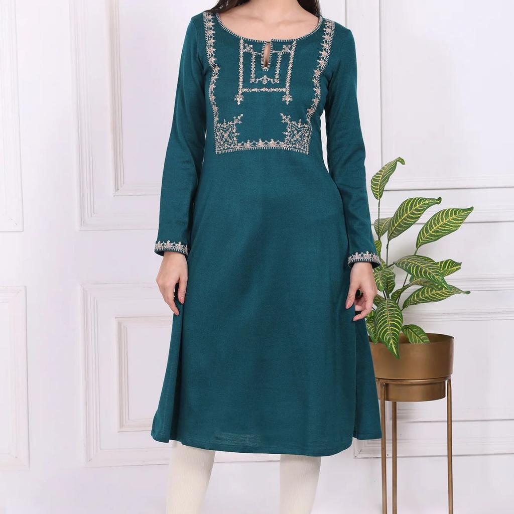 Teal Embroidered Acrylic Straight Kurta
