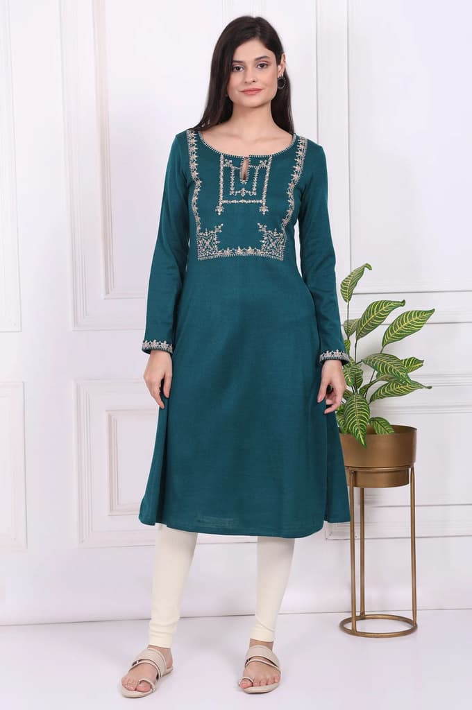 Teal Embroidered Acrylic Straight Kurta — XS