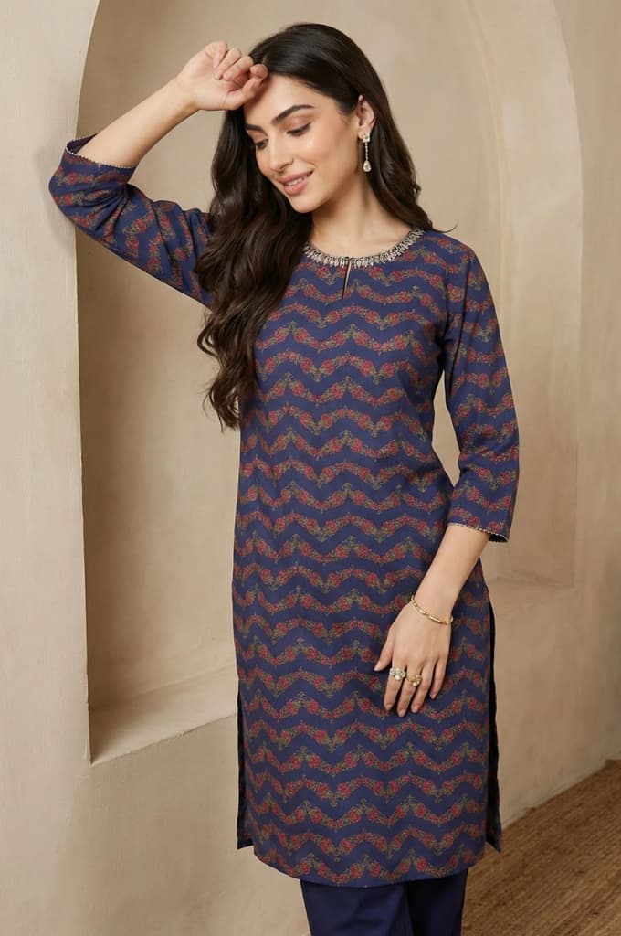 Navy Blue Chevron Beadwork Straight Kurta — photo 3