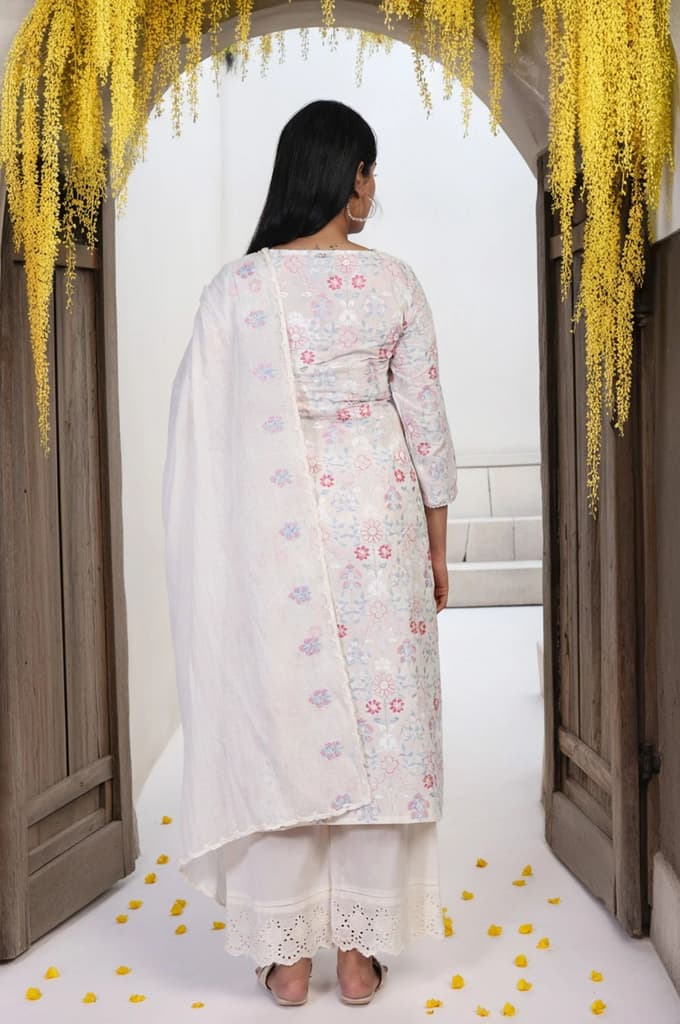 Off-White Embroidered Lace Trim Straight Cotton Kurta with Flared Pant and Dupatta Set — photo 5