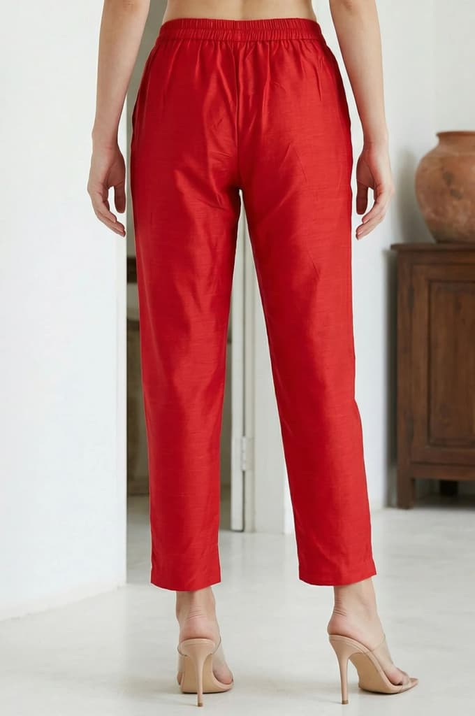 Red Solid Slim Fit Ankle Length Trousers — photo 3