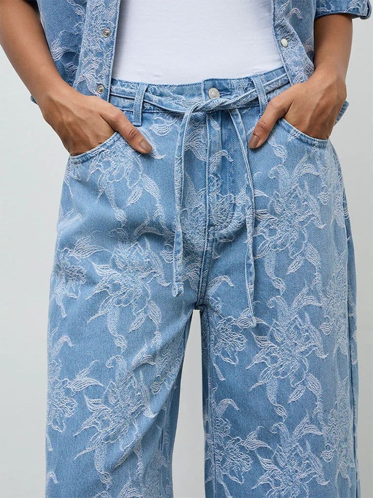LOV Blue Floral Embroidered High-Rise Jeans with Belt — photo 3