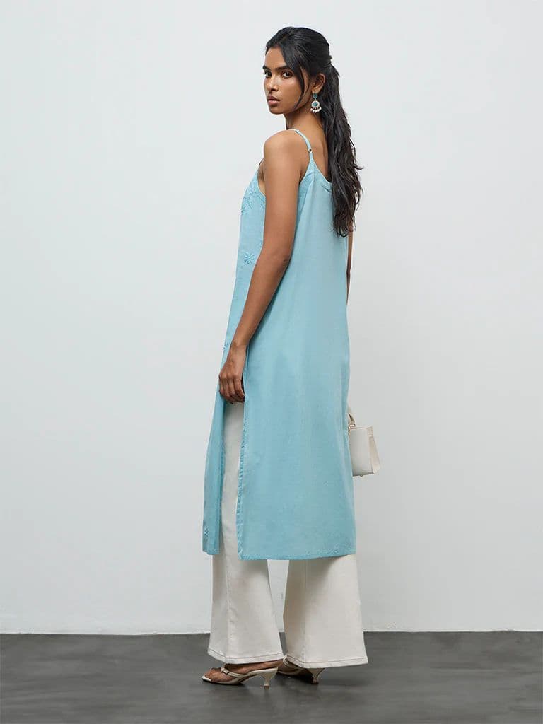 Utsa Turquoise Floral Embroidered A-Line Cotton Kurta — photo 4
