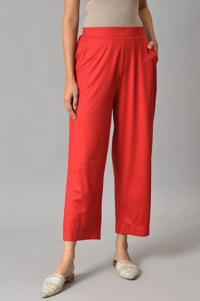 Red Solid Straight Fit Palazzo With Side Pockets
