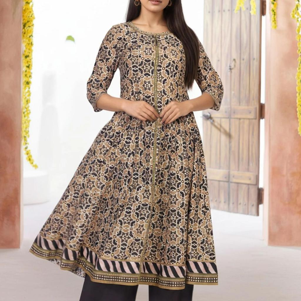 Beige Geometric Printed Embroidered Anarkali Cotton Kurta with Parallel Pant Set
