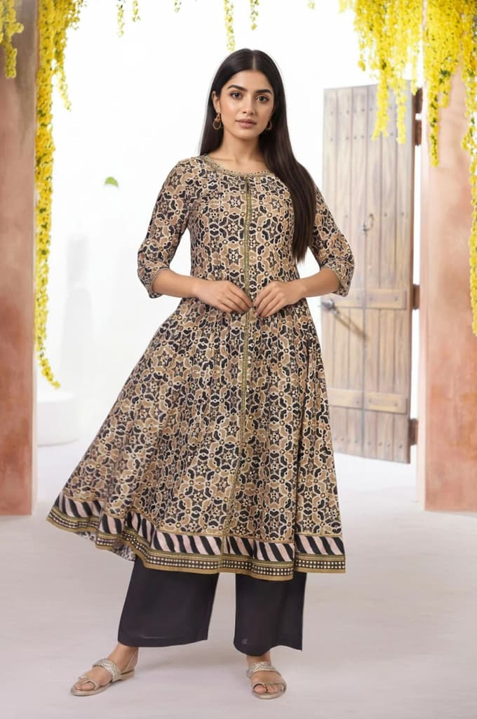 Beige Geometric Printed Embroidered Anarkali Cotton Kurta with Parallel Pant Set — XS