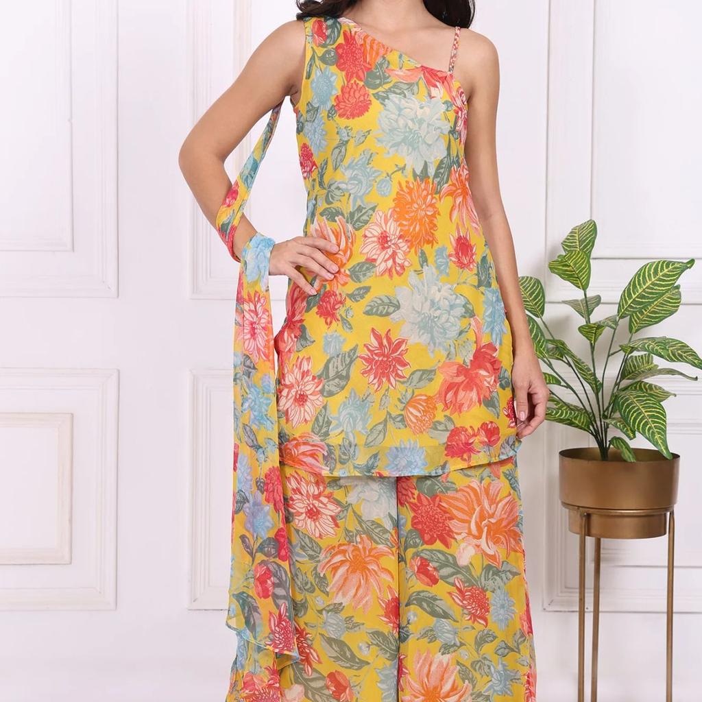 Yellow Floral Printed Straight Kurta and Flared Pants Set