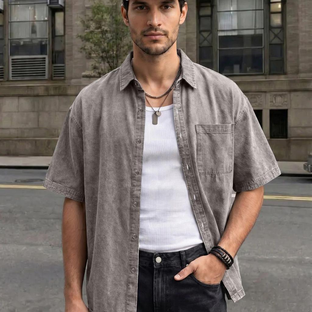 Men's Ice Grey Oversized Fit Half Sleeve Solid Casual Denim Shirt