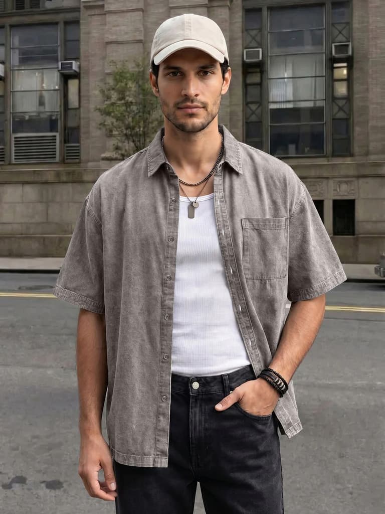 Men's Ice Grey Oversized Fit Half Sleeve Solid Casual Denim Shirt — S / Ice Grey