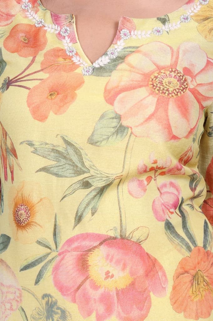 Yellow Floral Printed Beadwork Straight Kurta with Pants and Dupatta Set — photo 2