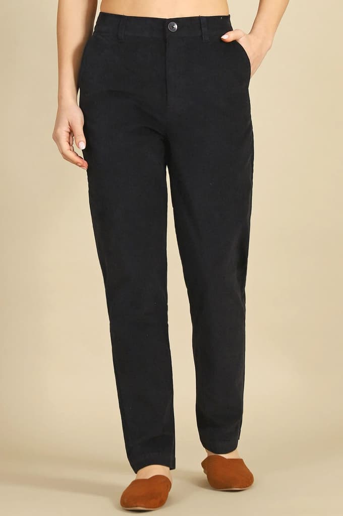 Navy Blue Solid Straight-fit Cotton Pants with YKK Zipper — photo 2