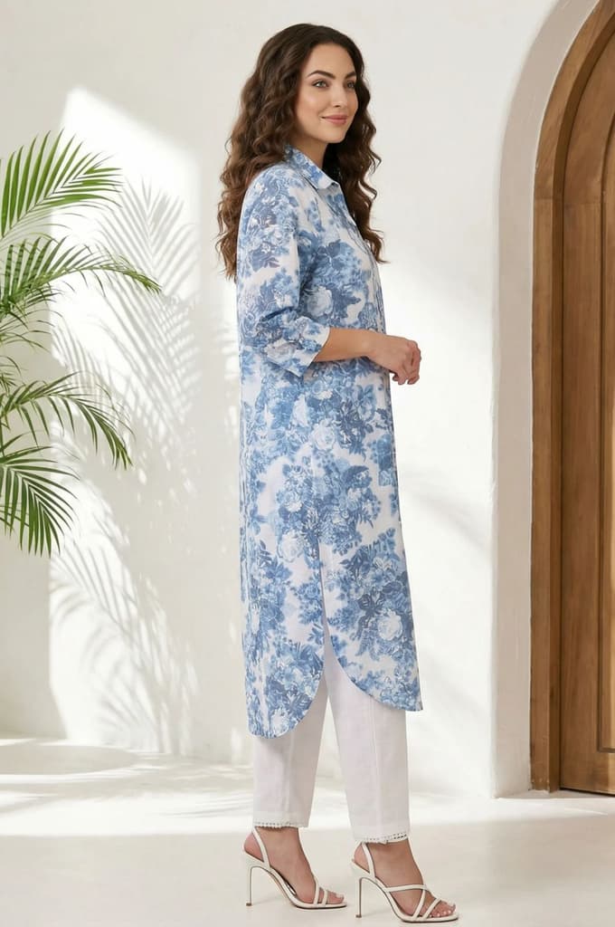 Blue Floral Printed Buttons Pure Cotton Straight Kurta — photo 5