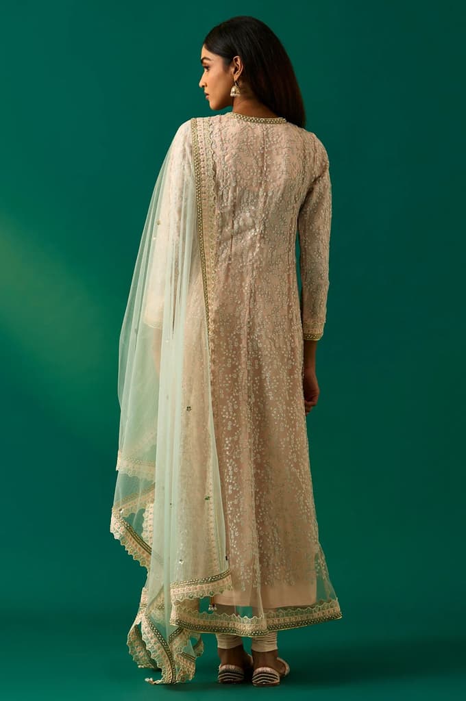 Beige Embroidered Anarkali Net Kurta with Churidar and Dupatta Set — photo 3