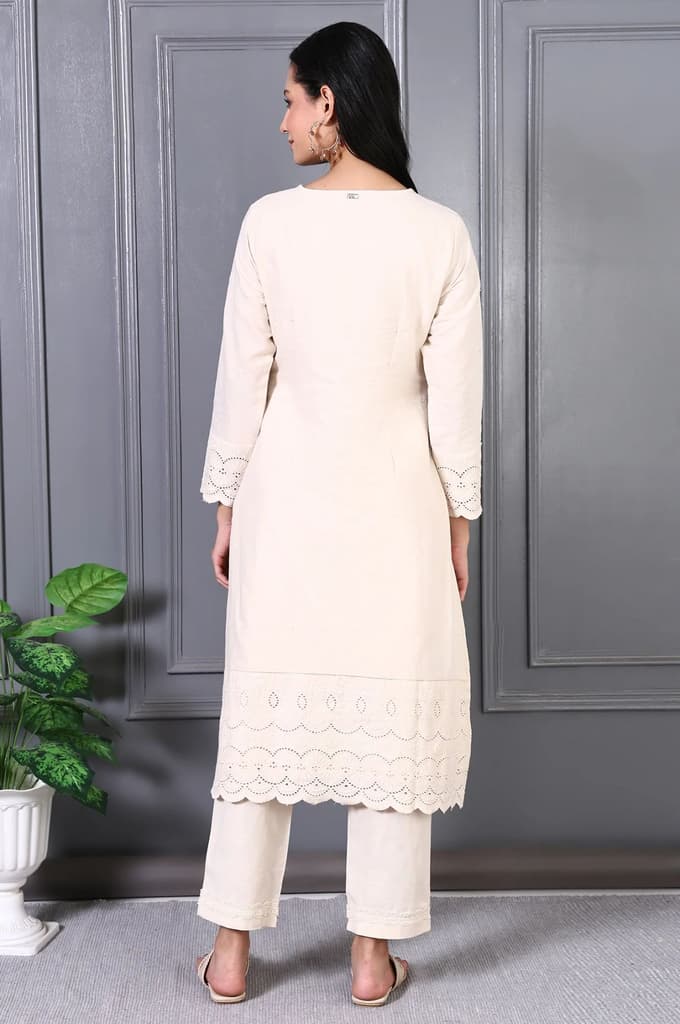 Off White Embroidered Cotton Flax Straight Kurta and Trousers Co-ord Set — photo 5