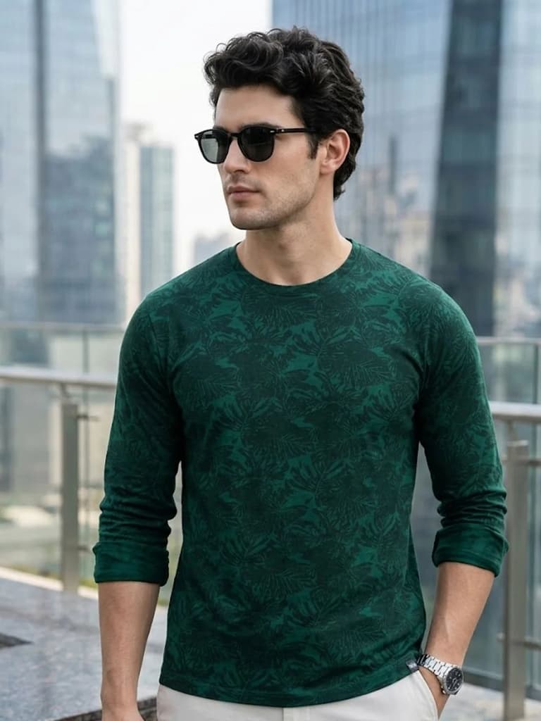 Men's Slim Fit Dark Green Printed Full Sleeve T-Shirt — S / Dark Green