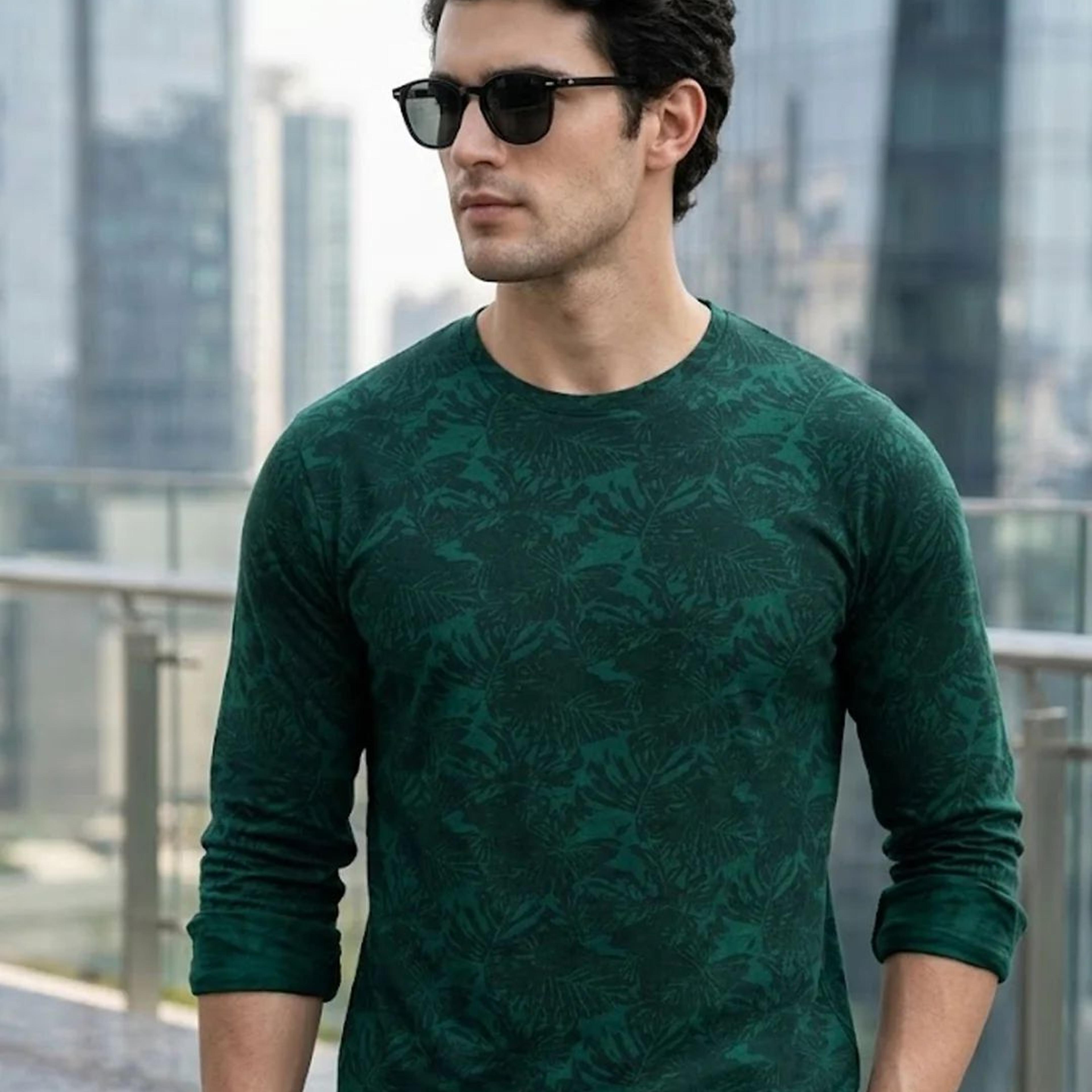 Men's Slim Fit Dark Green Printed Full Sleeve T-Shirt