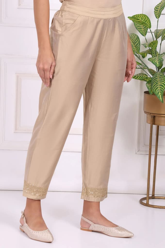 Beige Solid Embroidered Mid Rise Ankle Length Straight Pants — photo 3