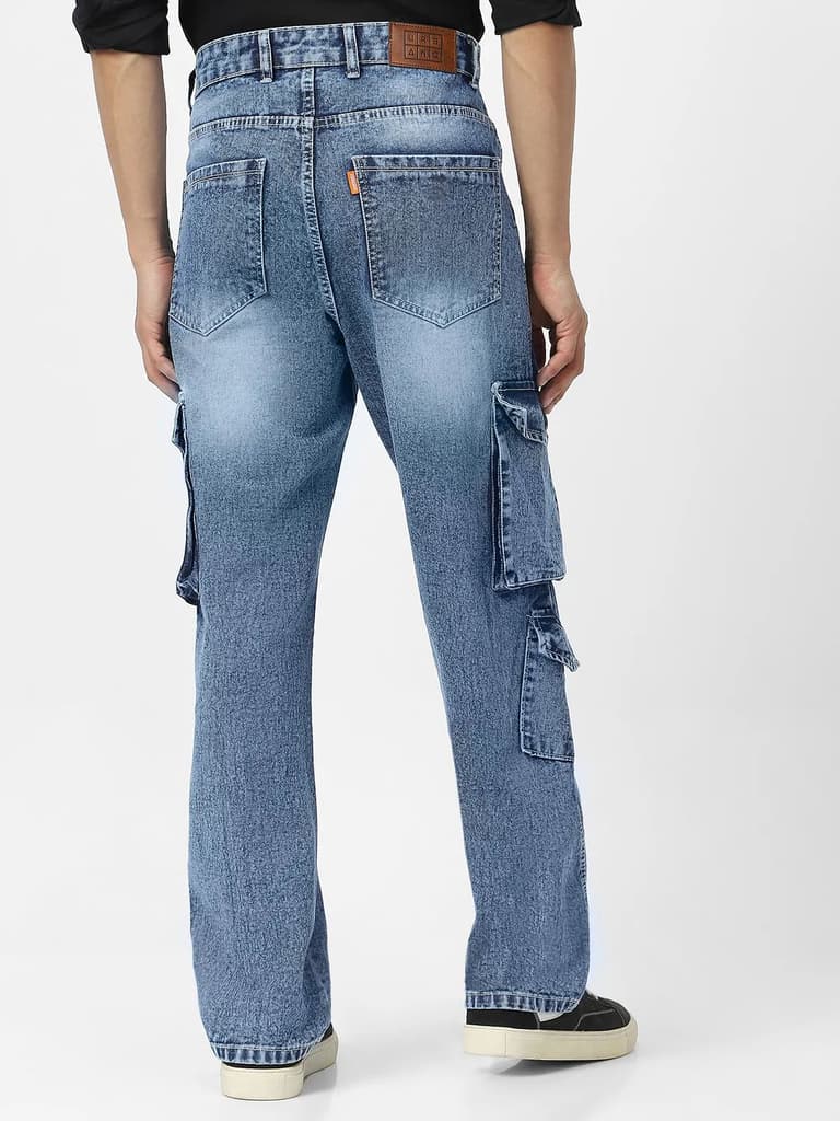 Men's Light Blue Loose Fit Cargo Jeans With 7 Pockets Non Stretchable — photo 3