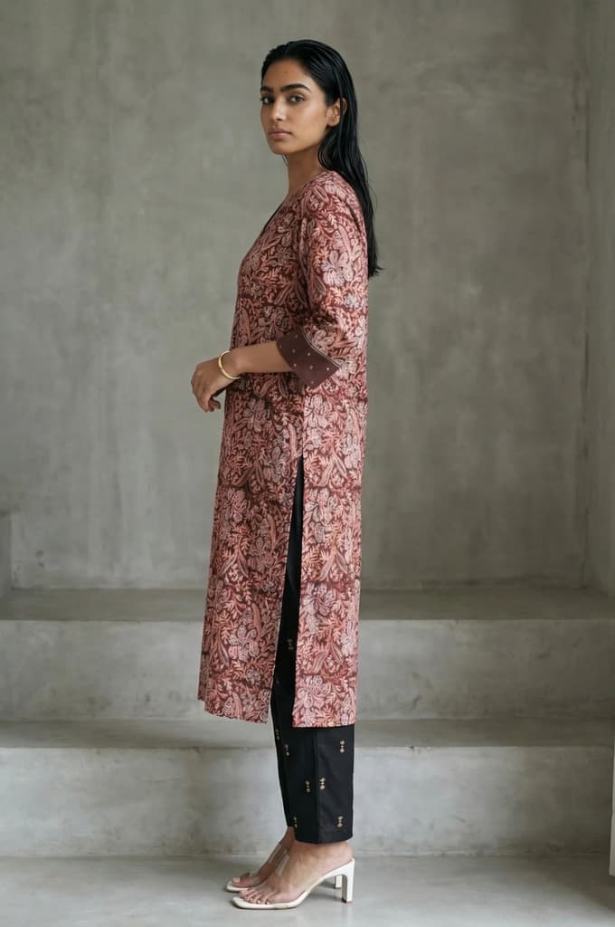 Chocolate Brown Sequins Floral Printed Pure Cotton Straight Kurta — photo 3
